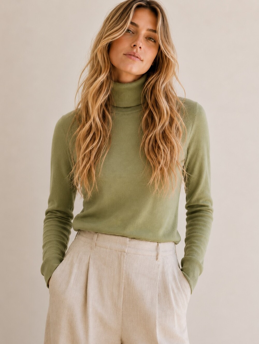 Lafayette 148 NY 100% Wool Fine Knit Turtleneck Sweater Pistachio Green Large